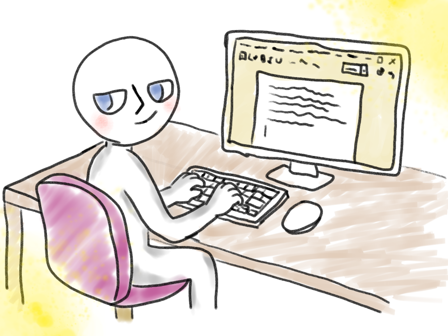 A person smiling while writing a blog post at a desktop computer